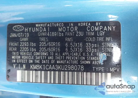 2019 Hyundai Kona Se from USA, damaged, VIN KM8K1CAA3KU298078